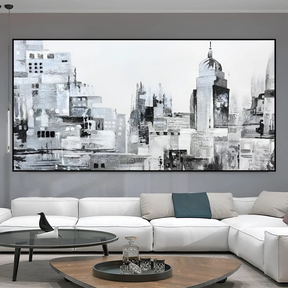 Handmade black and white abstract oil painting on canvas of urban street scene, rolled and frameless.