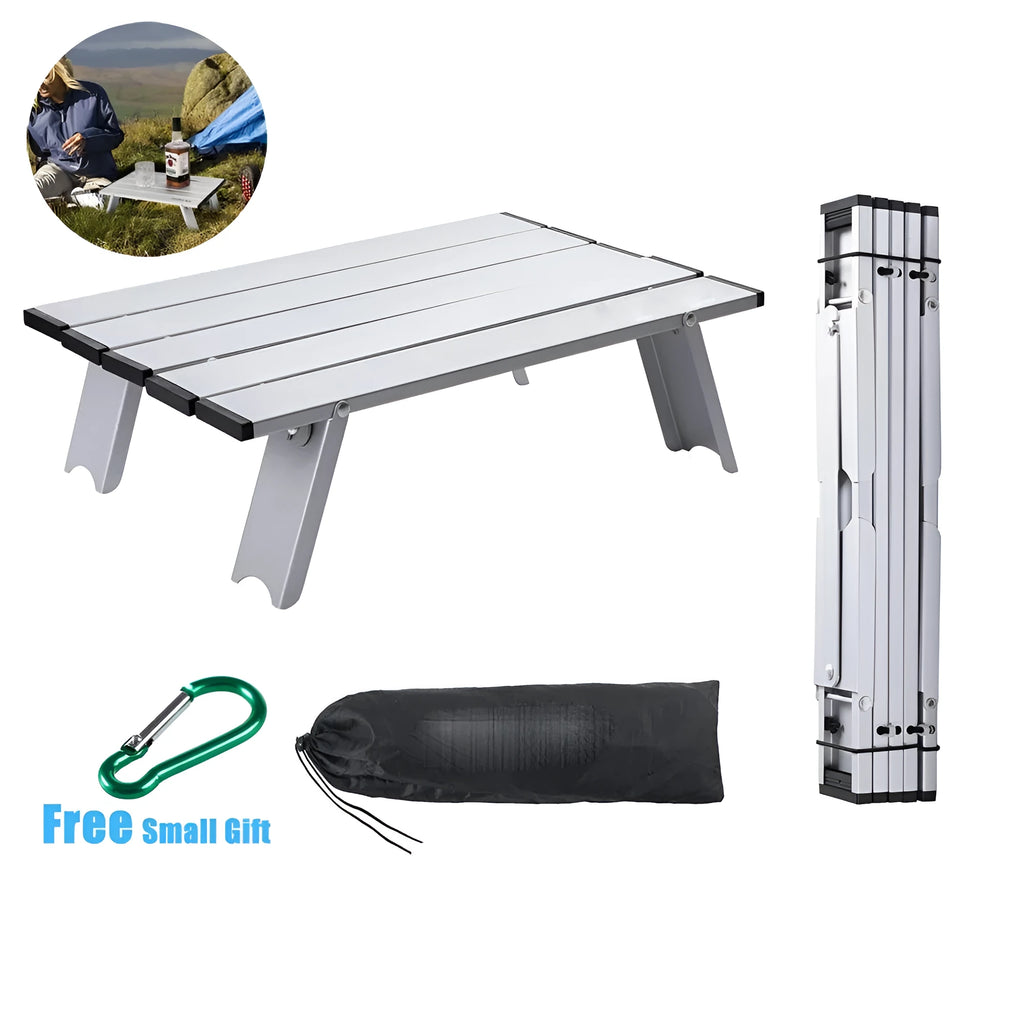 Silver aluminium alloy folding table and chair set, packed size 42 x 29 x 12 cm, for camping and garden use