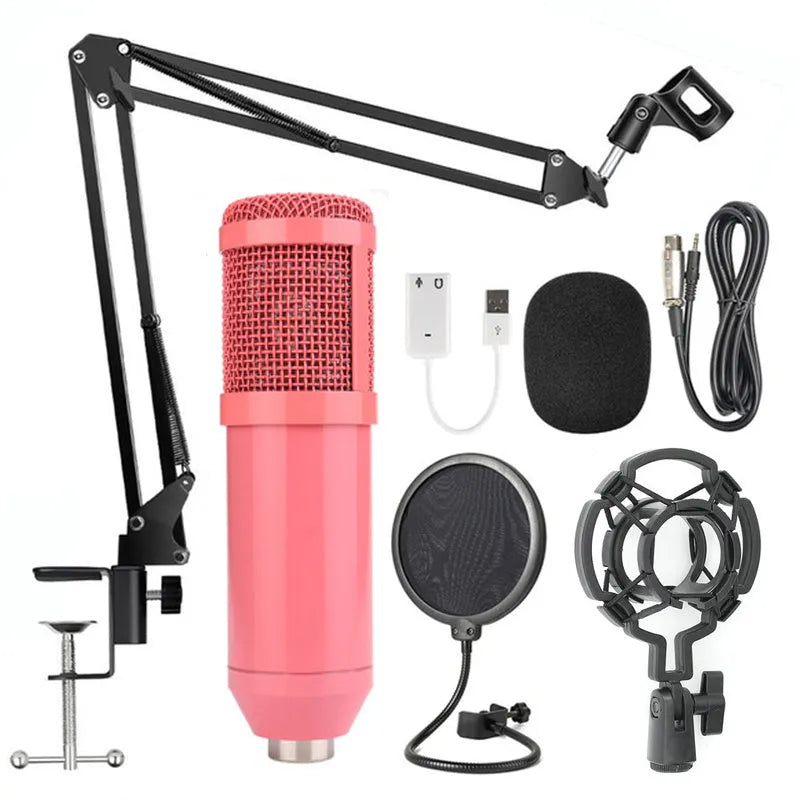 BM-800 condenser microphone on a desktop stand, shown in various colour options including black, silver, and white.