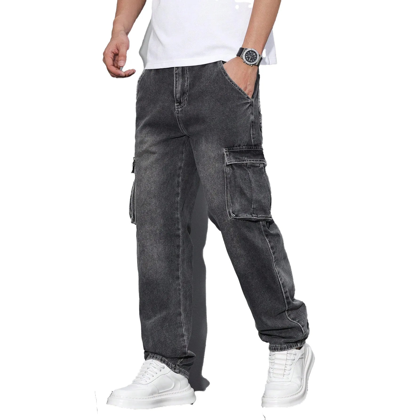 Light blue jeans with elastic ankle bands, drawstring waist, cotton denim casual trousers