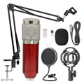 BM-800 condenser microphone on a desktop stand, shown in various colour options including black, silver, and white.