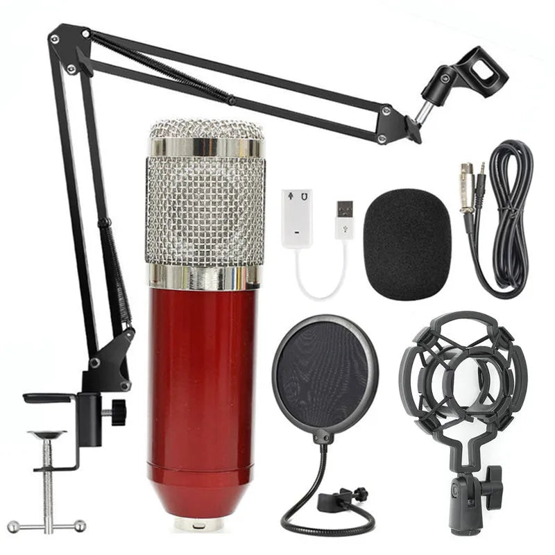 BM-800 condenser microphone on a desktop stand, shown in various colour options including black, silver, and white.