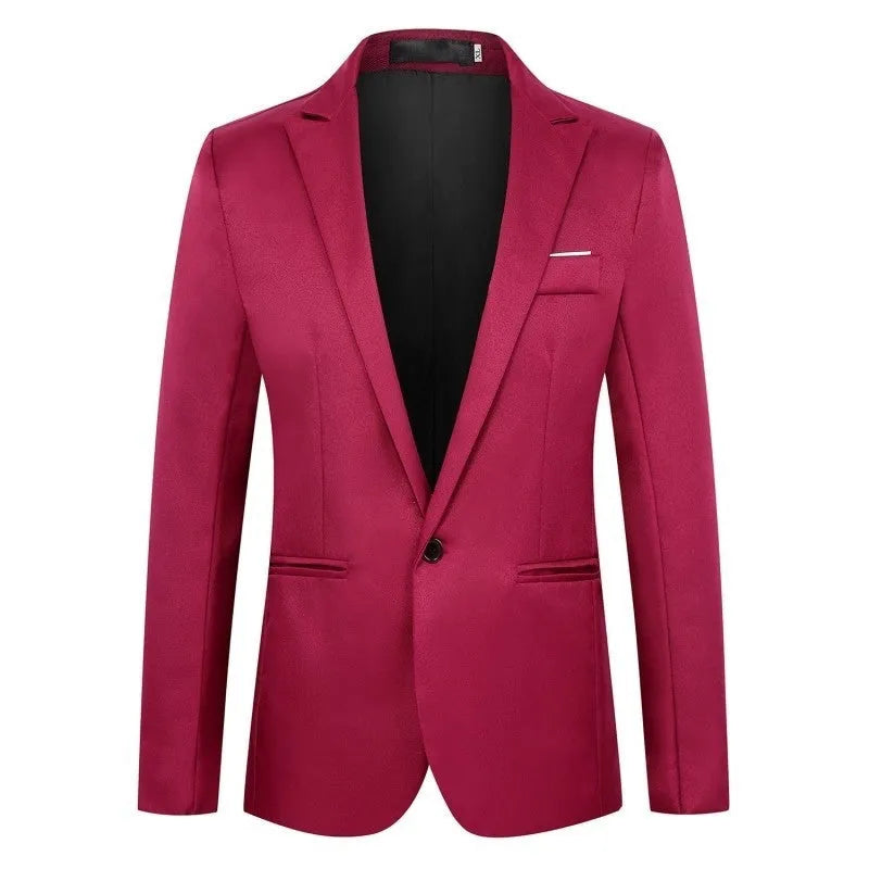 Men's loose fit wedding suit jacket in acetate fabric shown in multiple colours including black, blue, and wine red.