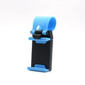Black universal steering wheel phone clip mount holder showing phone compatibility.