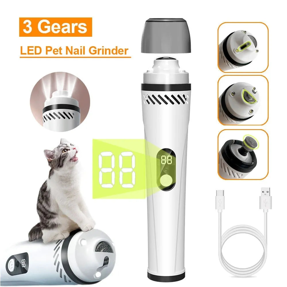 White and grey electric dog nail grinder with LED lights on a blue background