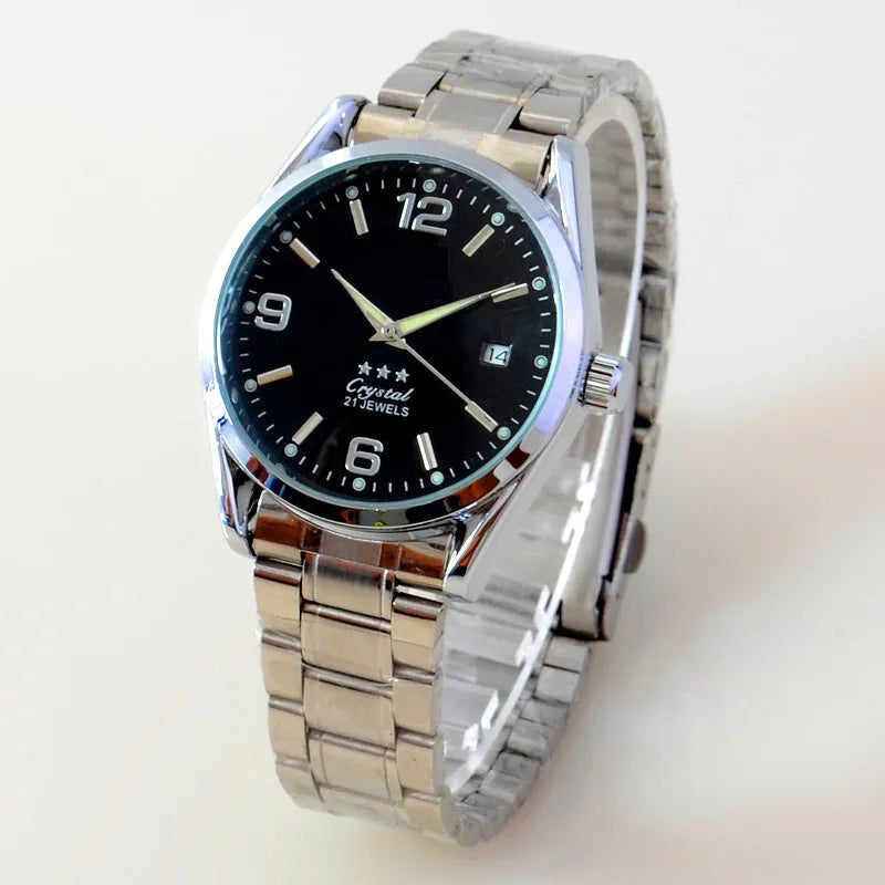 Men's automatic mechanical watch with 40.5mm dial, mineral glass, black dial, and pointer display