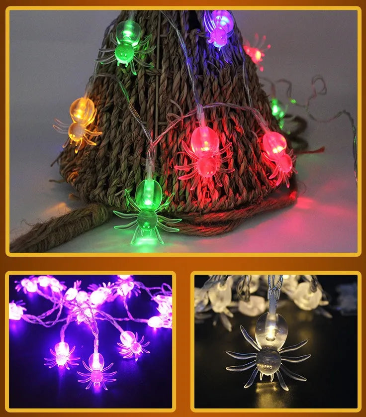 Halloween LED string lights with 10 pumpkin ghost bat spider skull pendants on white 1.2m waterproof cable