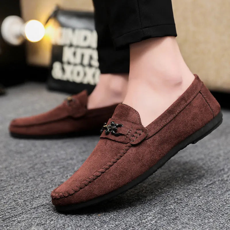 Men's black and brown waterproof PU leather slip-on loafers with rubber soles