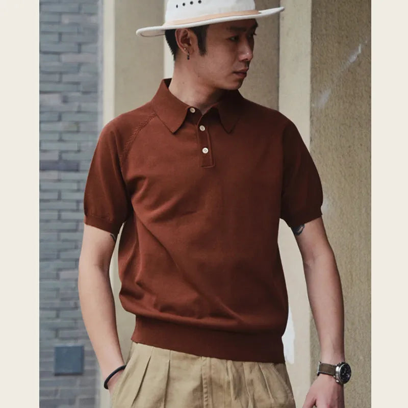 Retro slim fit short-sleeved cotton T-shirt in dark brown colour