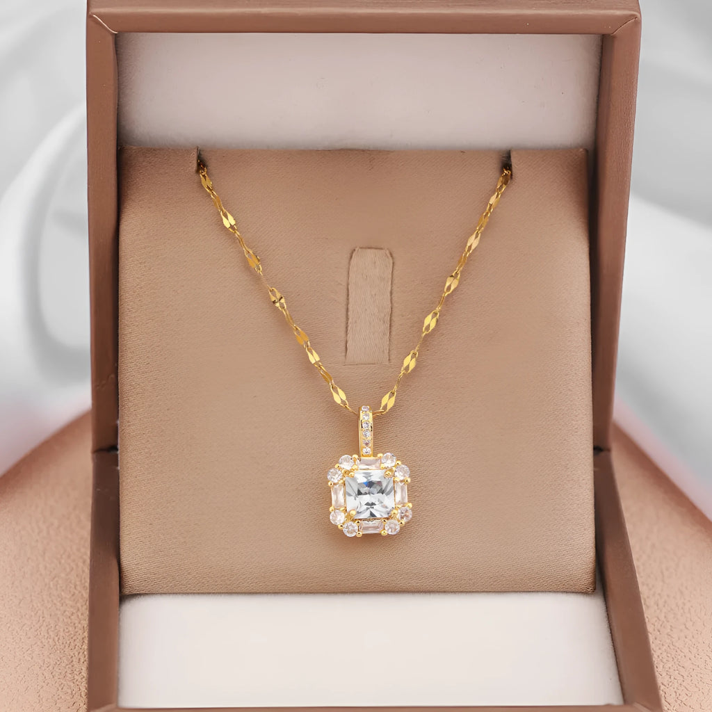 Gold titanium steel clavicle chain with quadrilateral zircon pendant on water wave chain