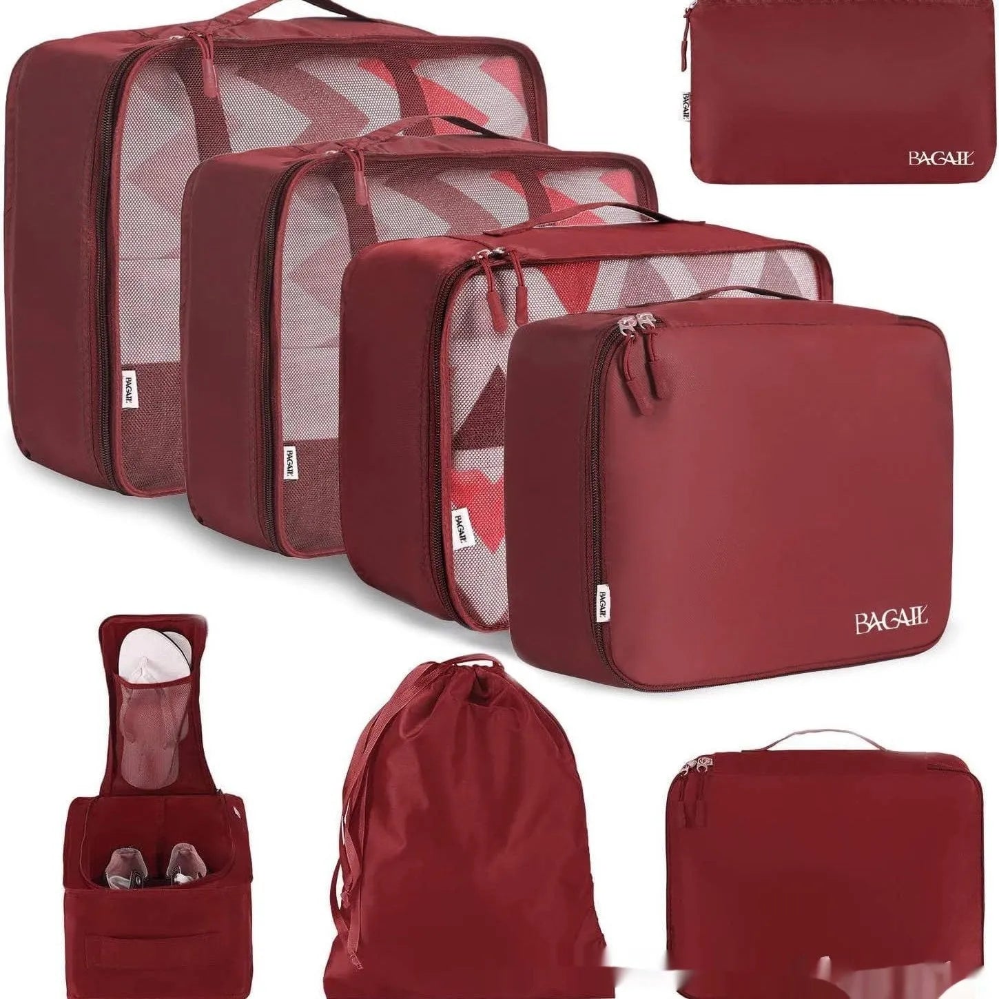 Set of eight cubic packing cubes for travel organisation in various colours including beige, black, and pink leopard print.