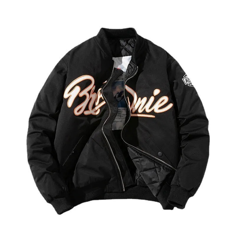 Men's thick loose pilot cotton-padded coat in black with hood, polyester fibre filling, winter jacket