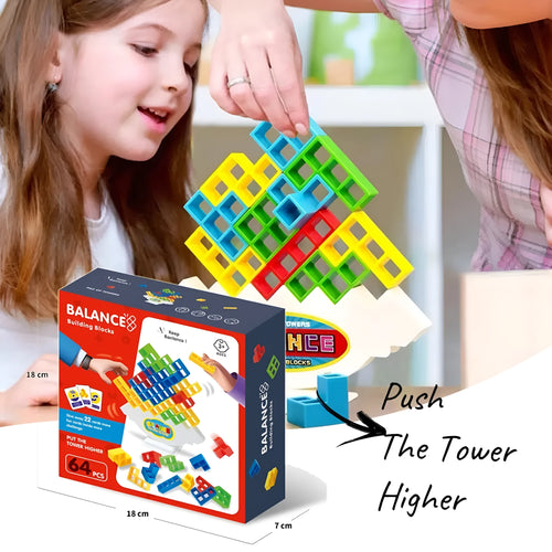 Plastic balance stacking game with 16 colourful building blocks on chassis