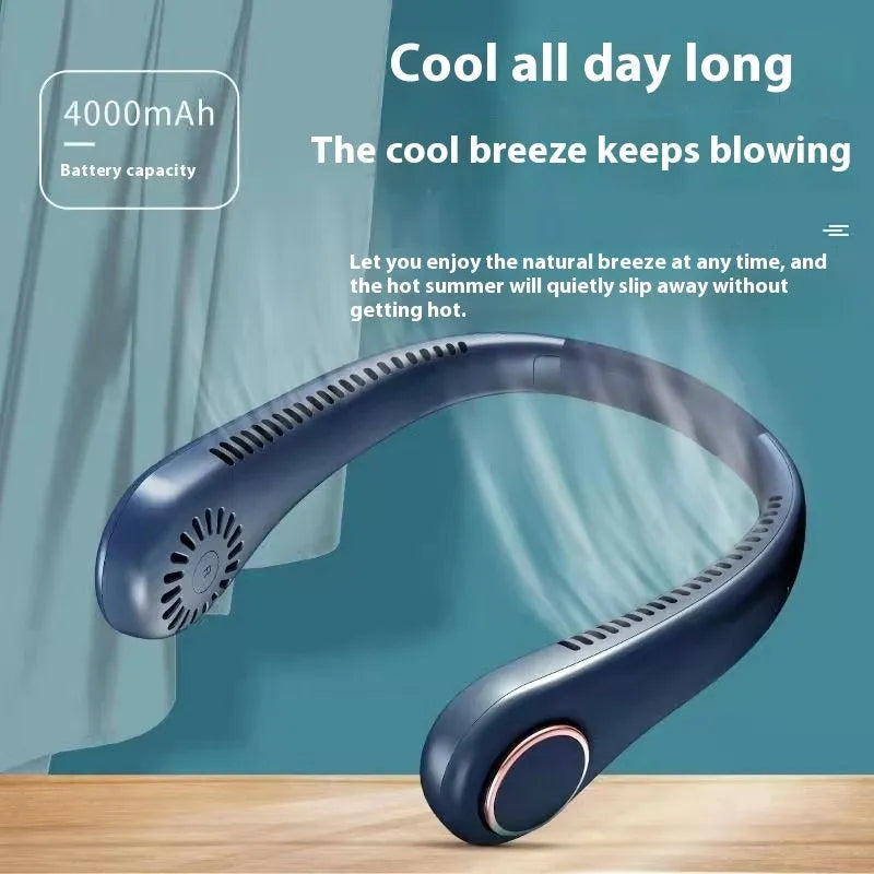 USB rechargeable neck hanging fan with brushless motor, 3-speed piano switch, bladeless plastic design, 225x183x60mm, electroplated white finish