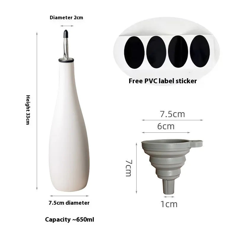 Ceramic kitchen oil pot with conical funnel in black, coffee or white colour, 650ml capacity.