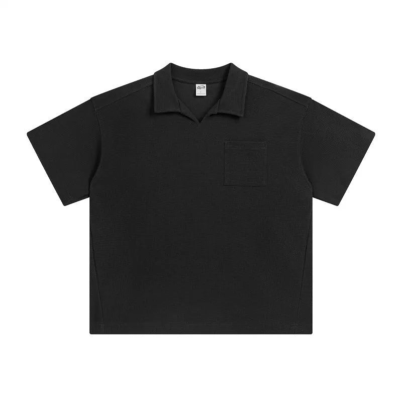 Cotton loose-fit drop-shoulder short sleeve top in Paris forest green, front view, with simple lapel neckline