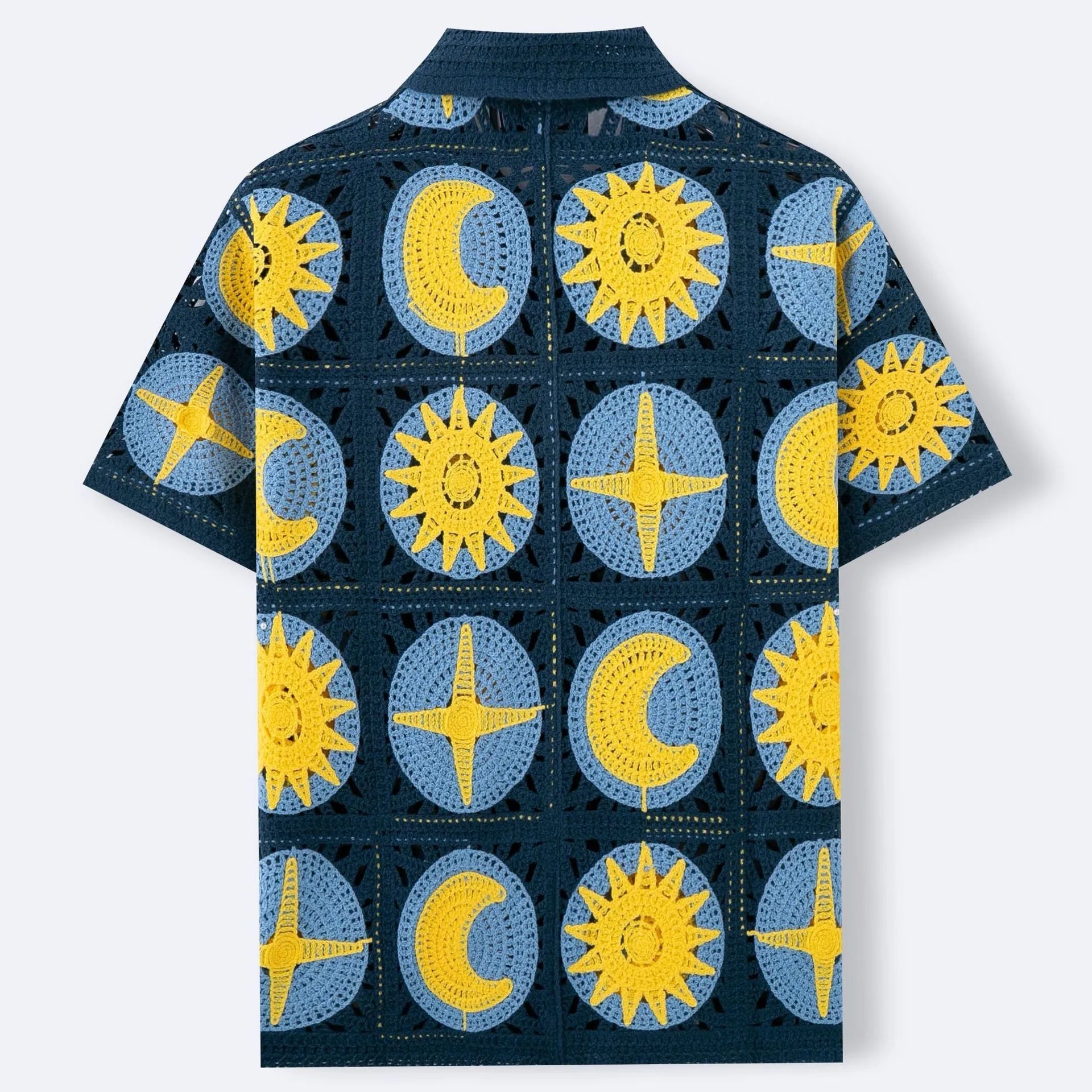 Navy blue men's short-sleeve cardigan sweater with cartoon flocking pattern