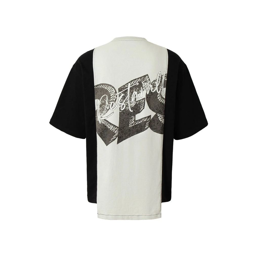 Black and white deconstruction print cotton blend t-shirt with loose streetwear fit