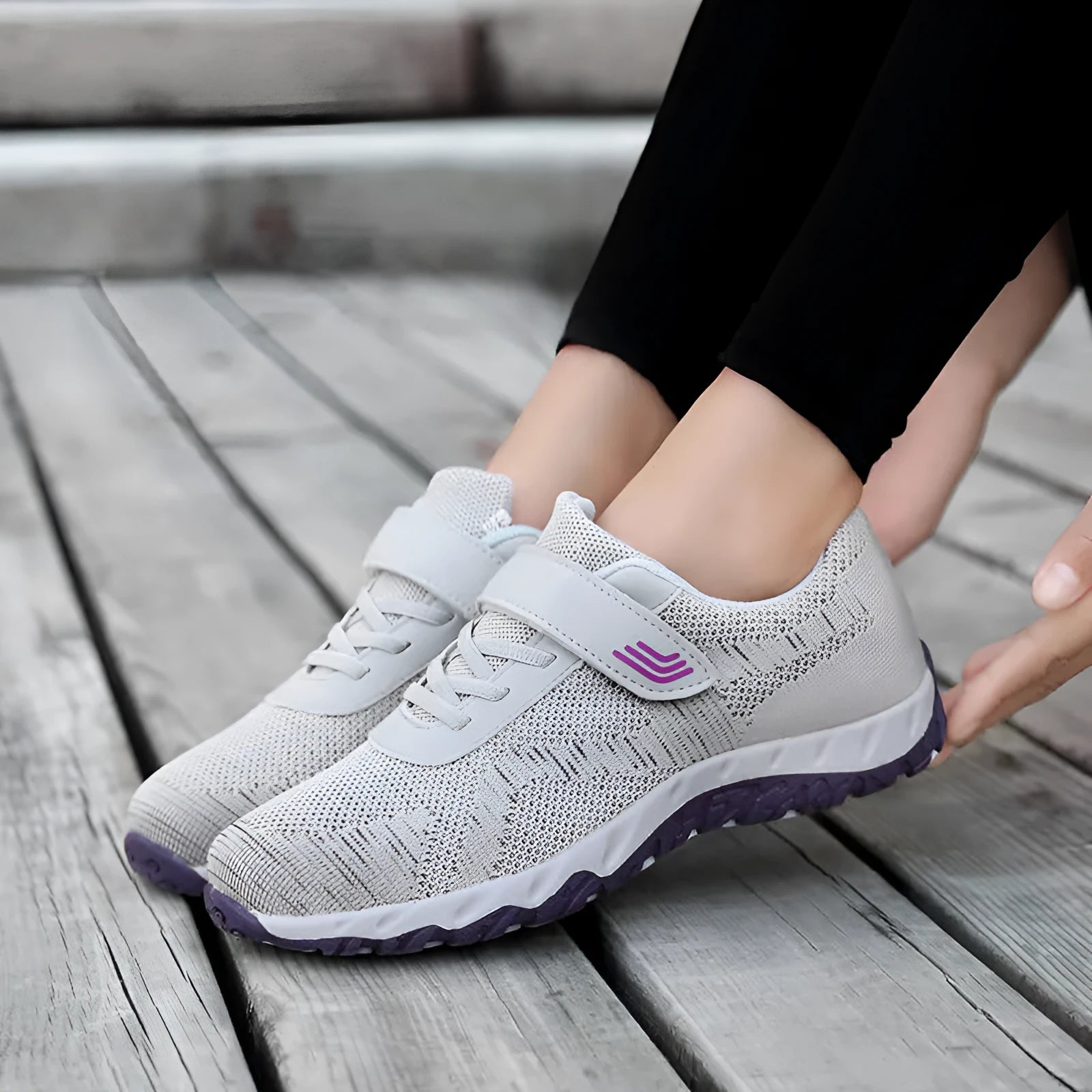 Women's wedge sole shoes with mesh upper and Velcro fastening in grey purple colour