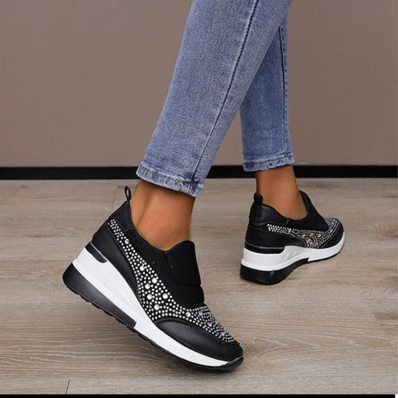 Women's rhinestone wedge shoes with hidden height increase, round toe PU upper, shown in black, pink, and white