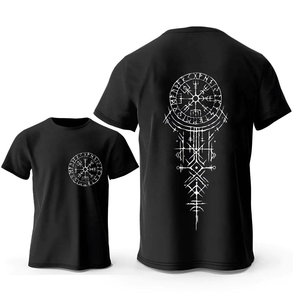 A man's Viking rune compass graphic on a pure cotton T-shirt, shown in one of seven available colours.