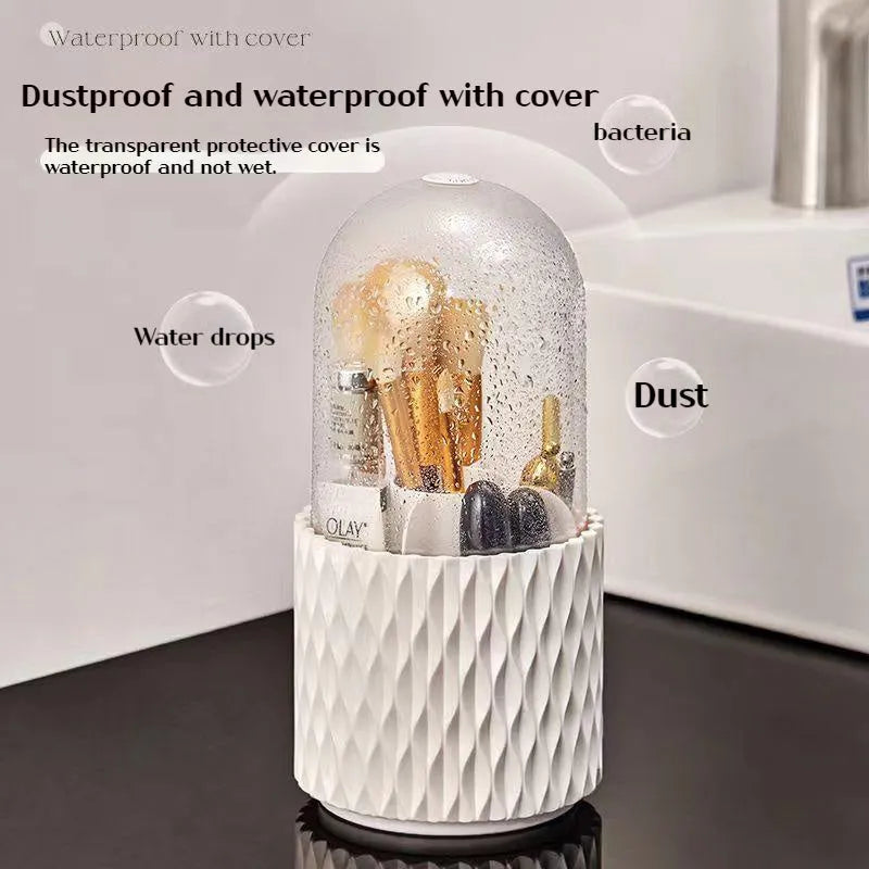 White rotating transparent acrylic makeup brush storage box with dustproof lid on desktop