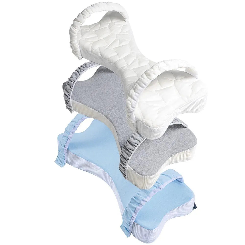 Memory cotton side sleeping knee pillow in light grey on a bed, 70x37x9cm with adjustable core height