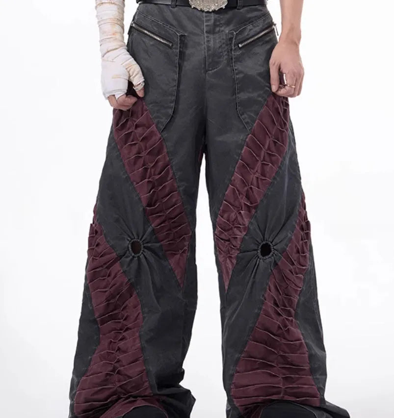 Retro three-dimensional keel casual sports pants in grey rayon viscose fabric, showing tight fit and straight hem.