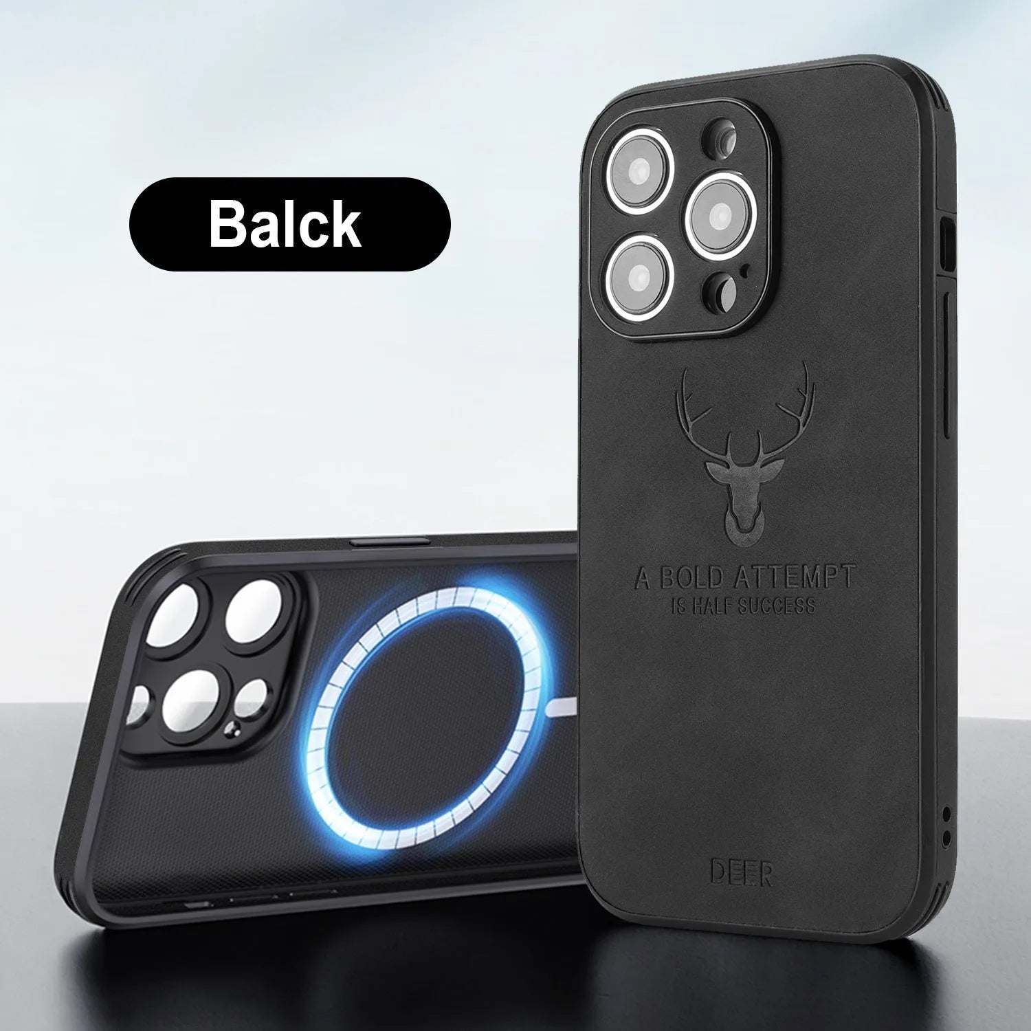 iPhone 16 series imitation leather phone case with embossed moose head design showing magnetic charging compatibility