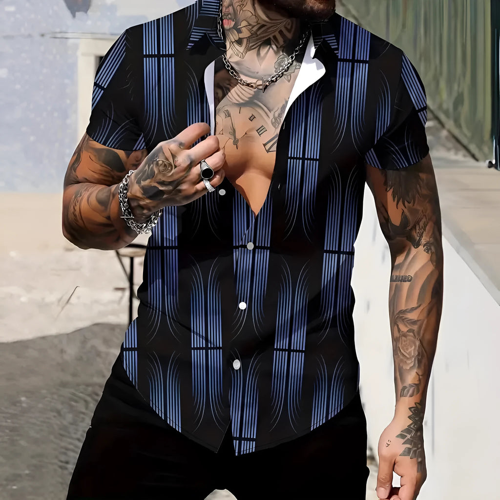Men's geometric line print short sleeve shirt in slim fit cardigan style