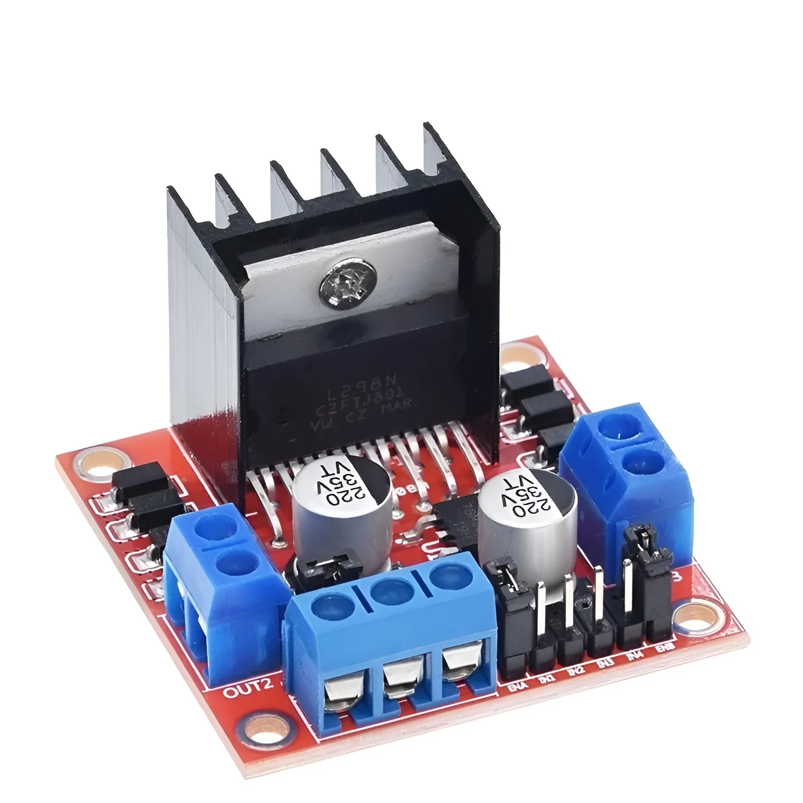 L298N motor driver module board with dual H-bridge configuration for DC and stepper motor control