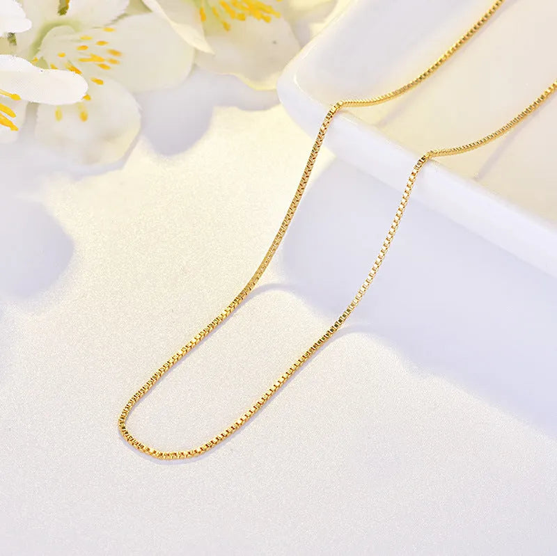 Copper box chain necklace with gold electroplating, 1mm width, 45cm length, geometric quadrilateral pendant