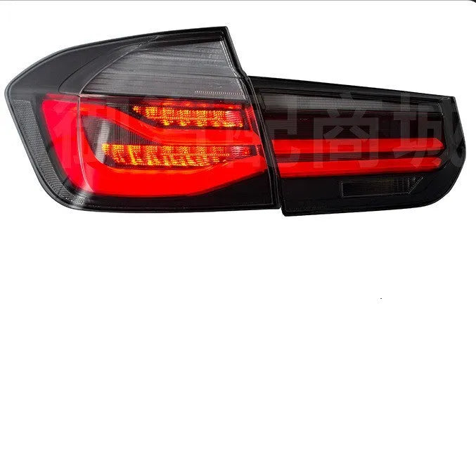 BMW 3 Series aftermarket LED tail light assembly with streamer design in red or smoked black finish.