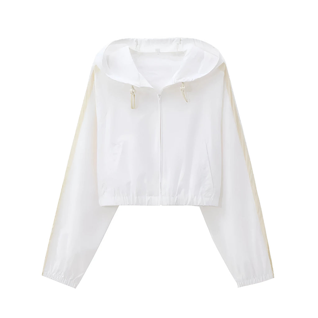 Women's hooded sunscreen top with loose fit polyester long sleeves in picture colour