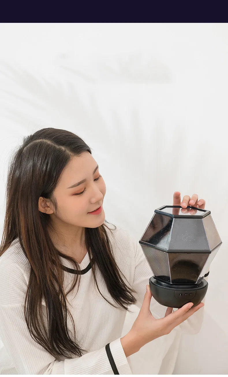 Children's rotating star night light projecting dreamlike starlight in a bedroom