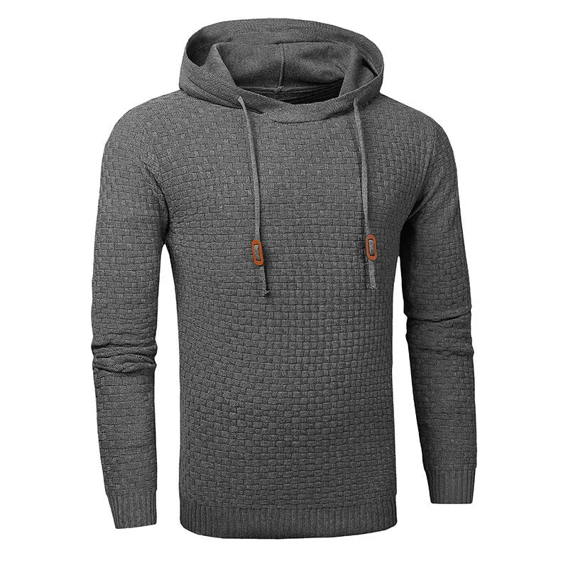 Men's grey cotton-polyester blend hooded sweatshirt on a hanger, showing front design and hood.
