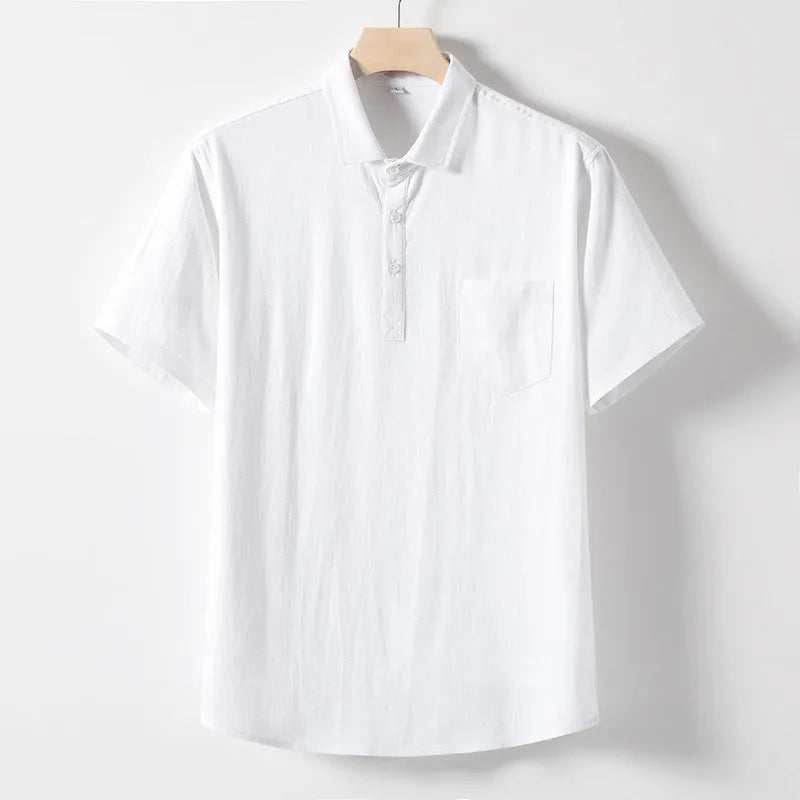 Men's linen blend T-shirt with loose lapels and short sleeves in solid colours