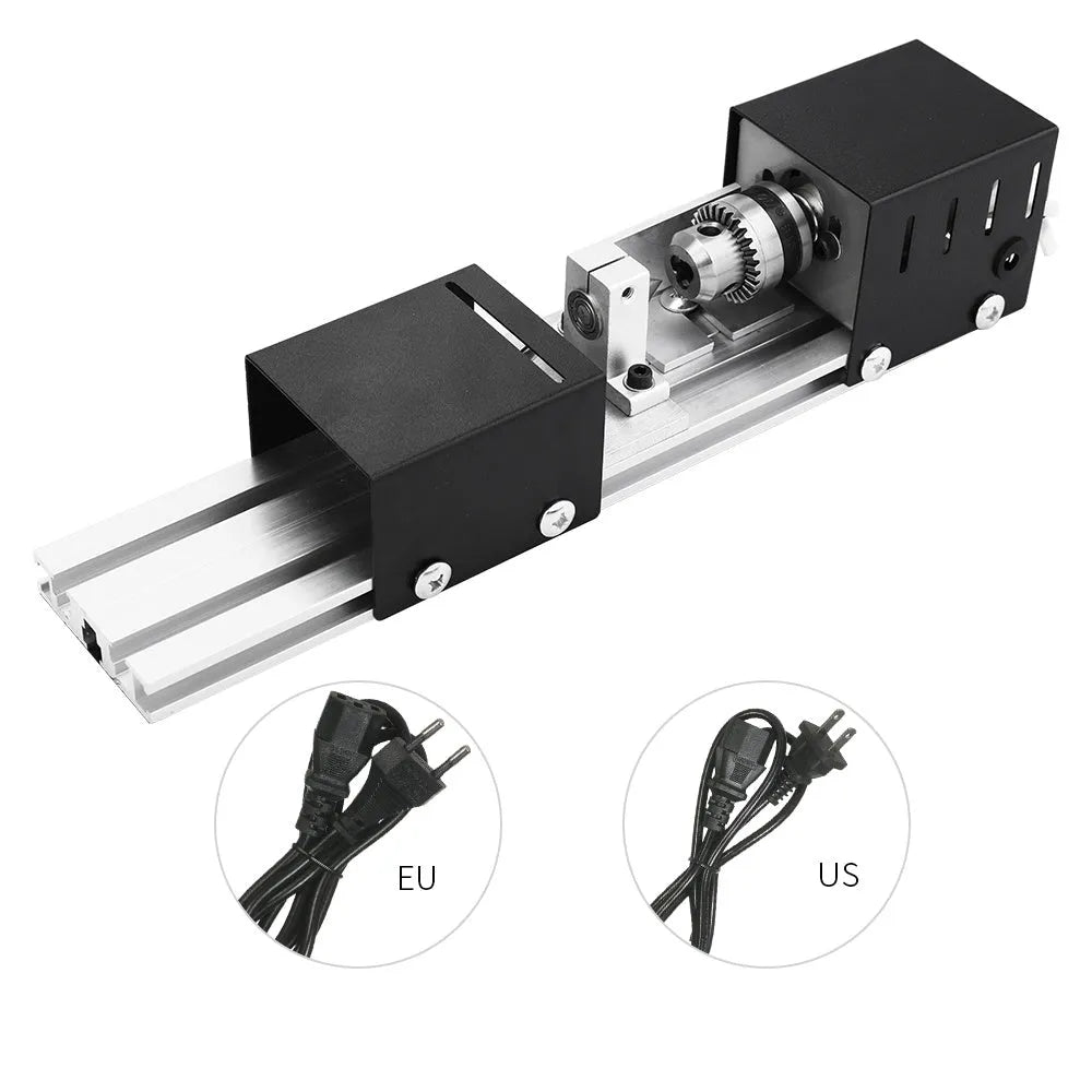 Silver metal mini woodworking lathe with six carving knives on workbench