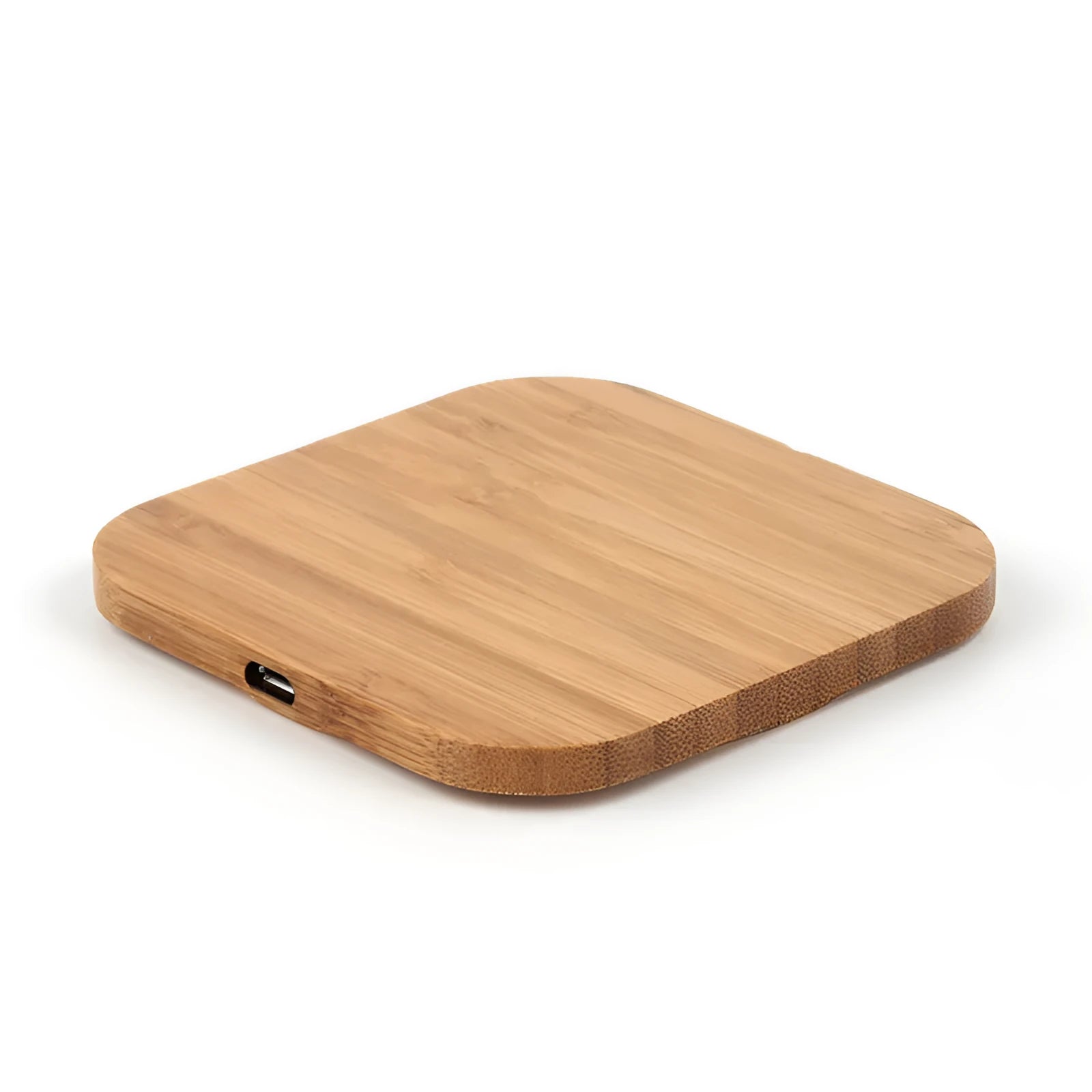 Square brown wooden bamboo 5W wireless charging pad for smartphones on a table.