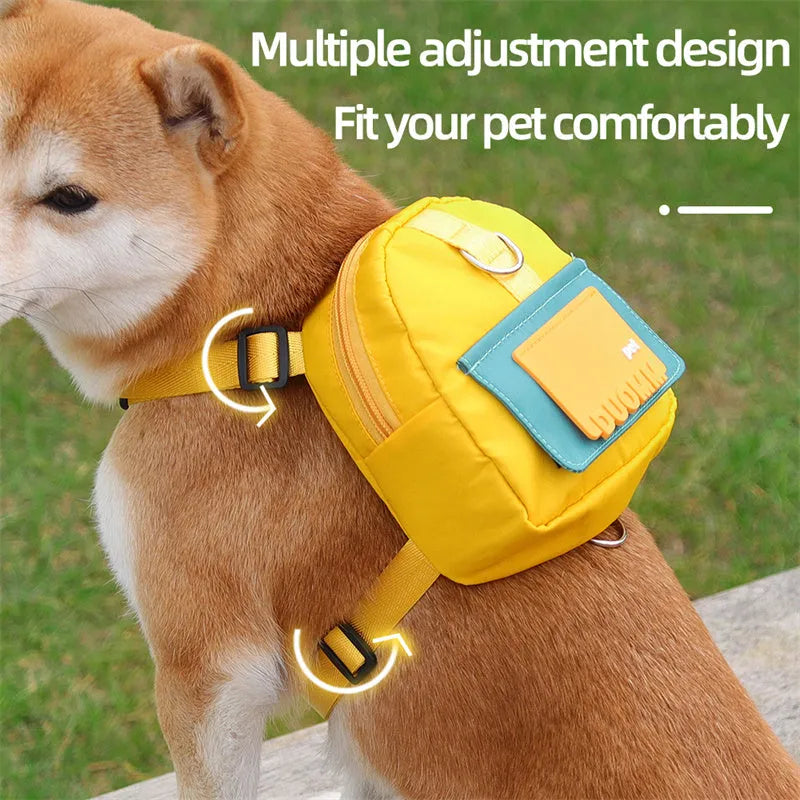 Adjustable dog backpack with storage compartments in blue colour showing harness straps and mesh panels