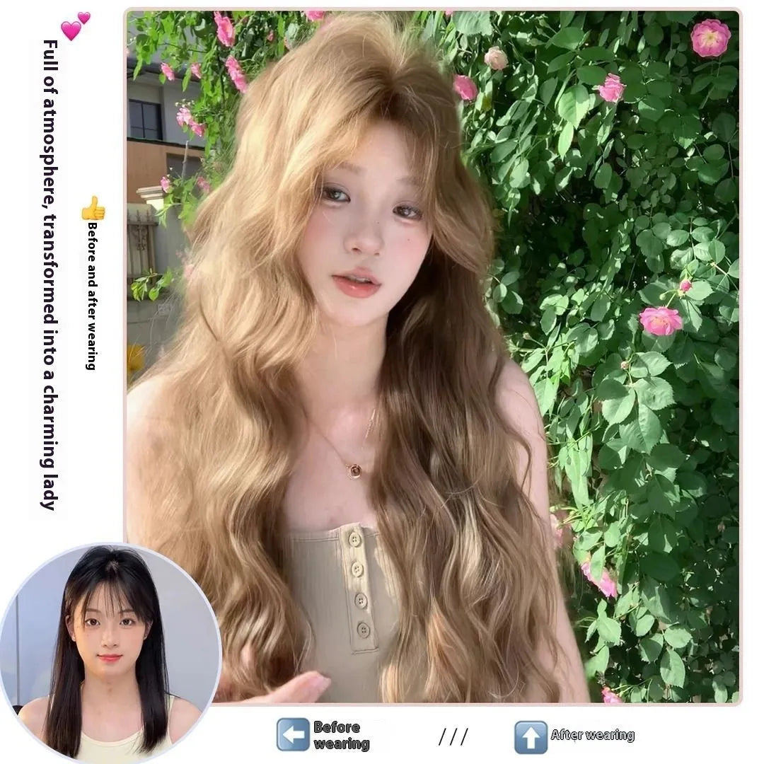 Linen brown medium-long curly synthetic wig on display stand with hair net
