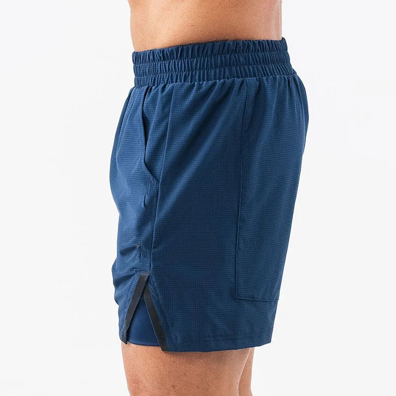 Men's plaid quick-drying sports shorts in polyester fabric shown in multiple colours.