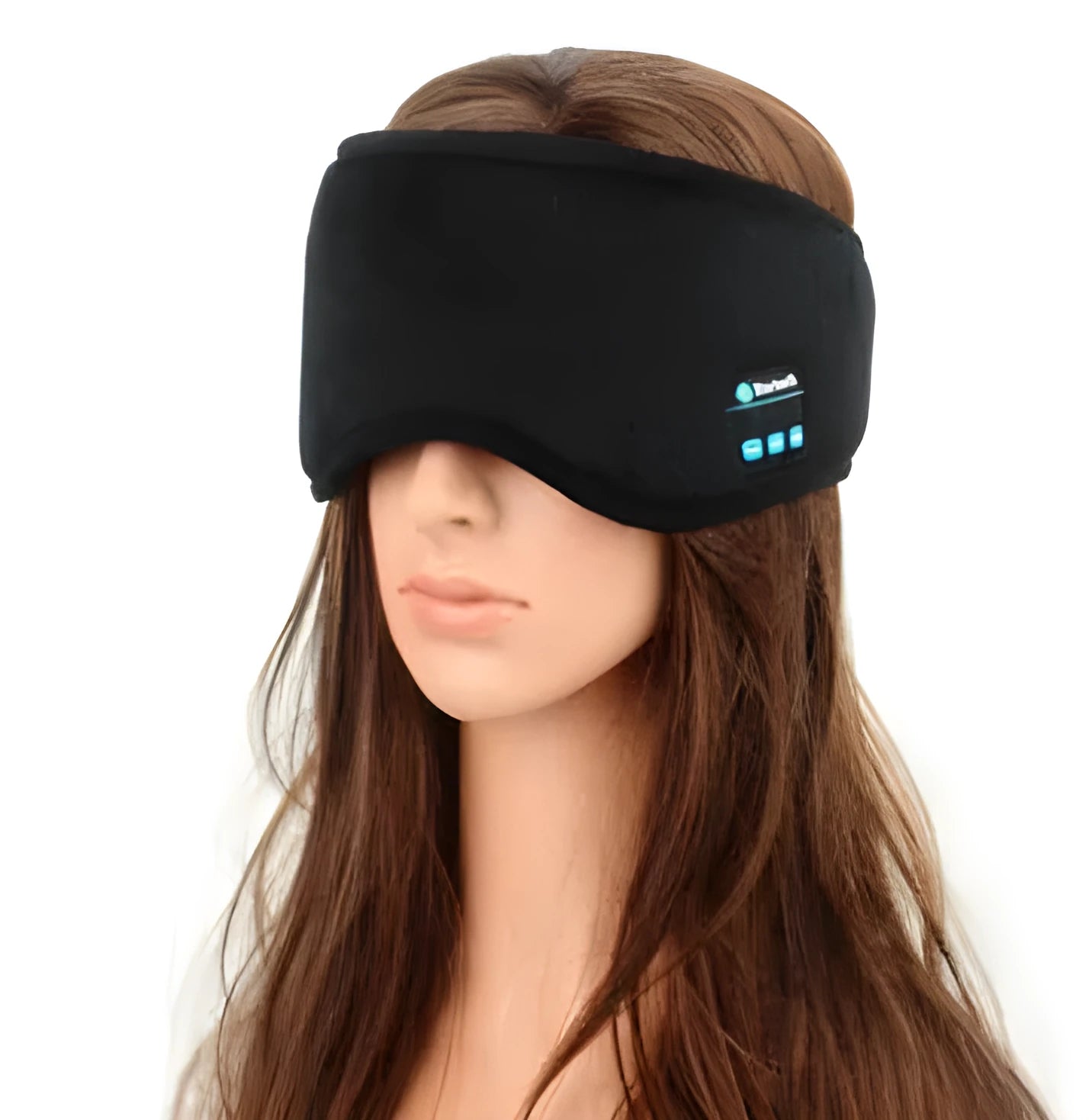 Black Bluetooth sleep eye mask with built-in speakers and soft fabric.