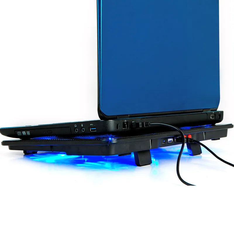 Naju N5 ultra-thin black notebook cooler with large 14.5cm main fan and four small fans on iron mesh panel