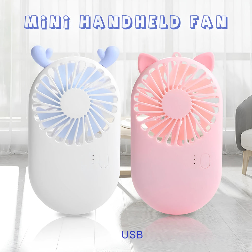 Blue portable USB rechargeable mini fan with three speed modes on a desk, plastic blade and piano switch visible