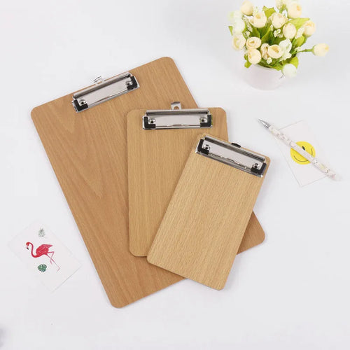 A4 hard wooden clipboard with metal clip and hanging hole, 22.5 by 31.5 cm, natural wood colour