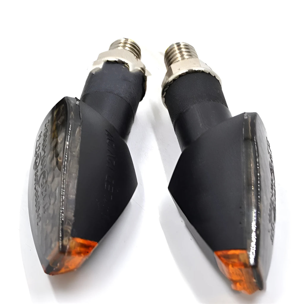 14 LED motorcycle turn signal with black engineering plastic shell, smoked lens, 12V, 10mm thread, amber yellow light