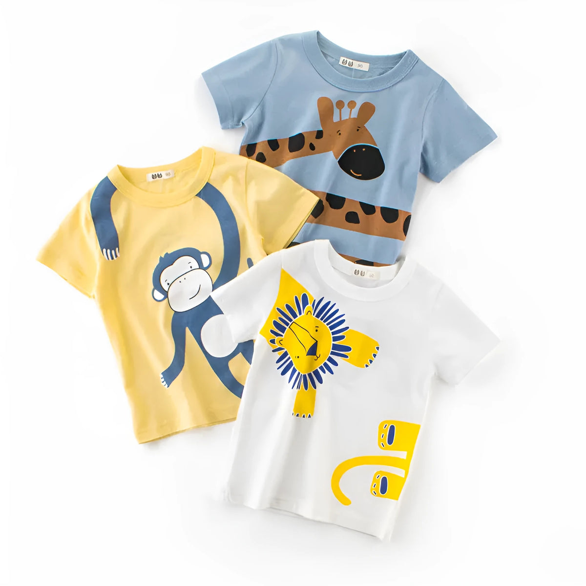 Boys short sleeve cotton T-shirt with cartoon animal print in aqua blue, pale yellow or white, sizes 90-140cm