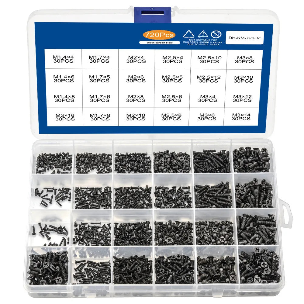Black flat head machine screws for laptop repair with cross groove and countersunk head