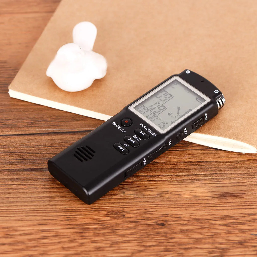 USB professional digital voice recorder with external microphone, compact black design.